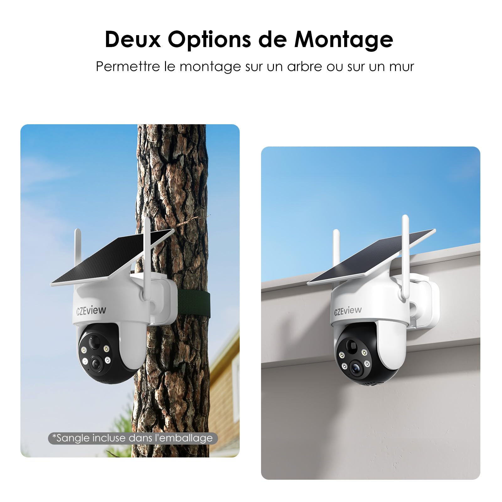 CZEview 2K/4K Camera Surveillance WiFi Extérieure Solaire sans Fil, System d'Alarme, 360° Caméra Exterieure Batterie, Détection Mouvement, Vision Nocturne en Couleur (Blanche, 2k)