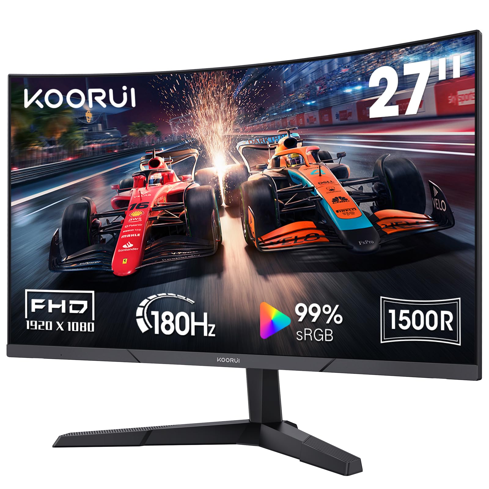 KOORUI Gaming Monitor 27 Inch Curved FHD 180Hz 1500R HDR10 Display | 27E6CA 27" VA 1080p, 1ms GtG, Contrast 3000:1, Adaptive Sync, 99% sRGB, Viewpoint Reticle FPS,2xHDMI2.0, 1xDP1.2,VESA