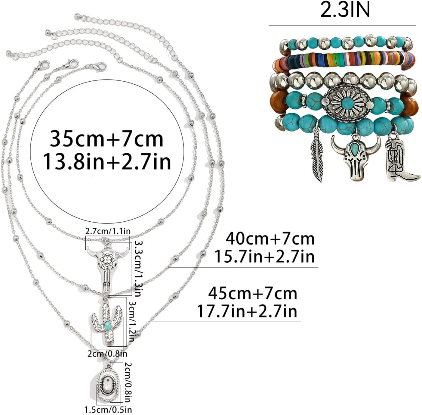 3PCS Western Jewelry for Women Bohemian Set,Boho Vintage Layered Necklace Dangle Drop Earrings Faux Leather Bracelet - Image 2