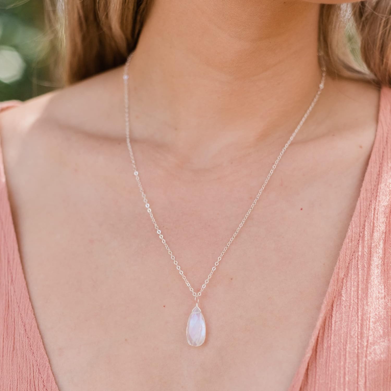 Luna Tide Rainbow Moonstone Teardrop Necklace in Sterling Silver