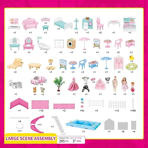 Miniatura 6 de Casas de muñecas para niñas, casa de muñecas de ensueño con LED para niños de 7 a 8 años, 4 pisos, 7 habitaciones con 3 figuras de juguete y muebles