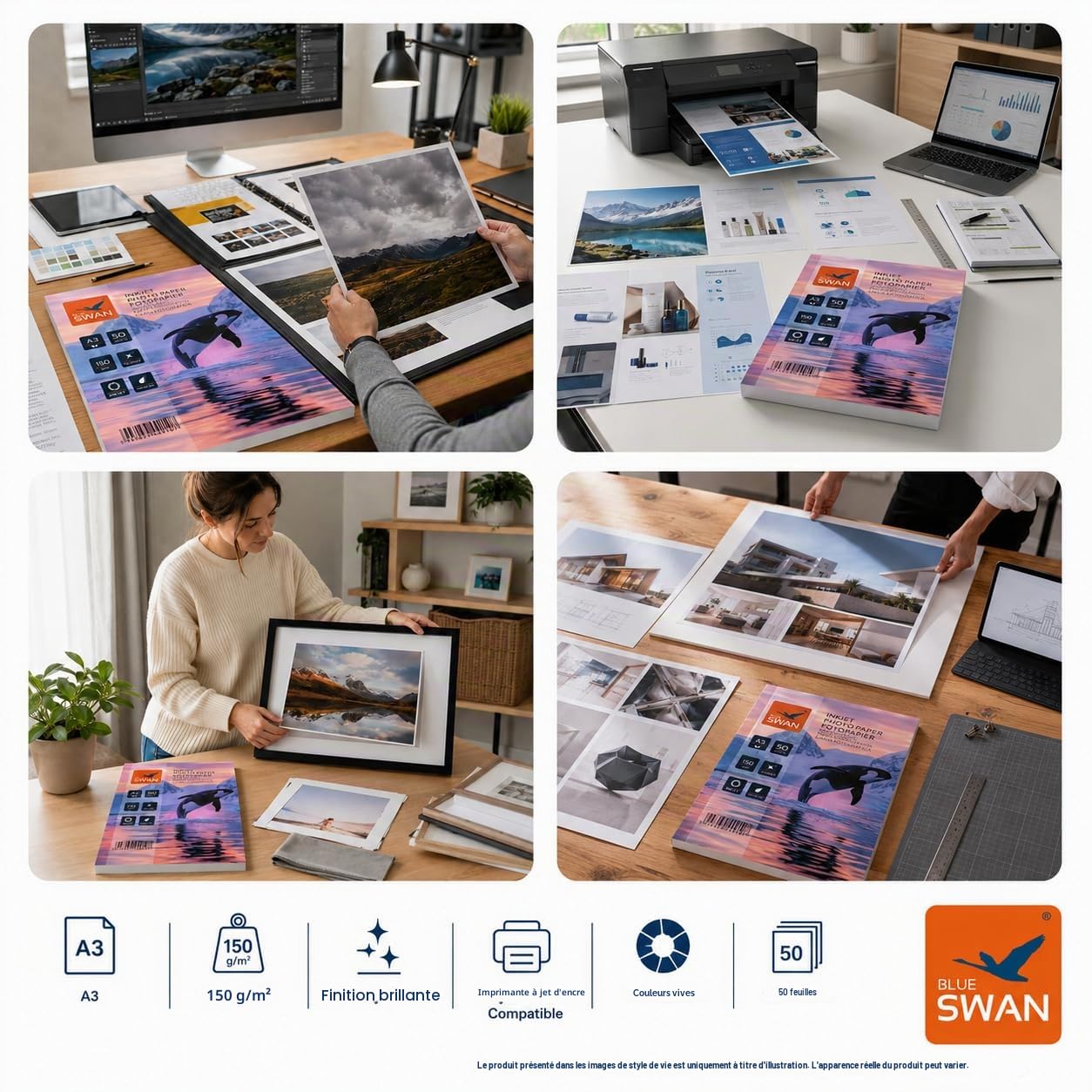 BLUE SWAN Papier Photo Brillant A3, 150 g/m², 50 Feuilles, Séchage Rapide, Résistant à l’Eau et aux Rayures, Couleurs Vives et Haute Définition, Compatible avec Imprimantes Jet d’Encre A3
