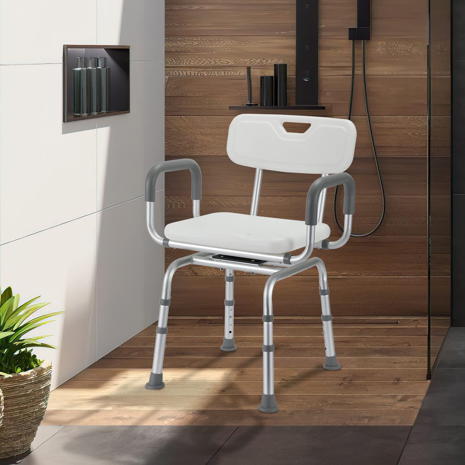 Taburete de ducha giratorio 360°, silla de ducha con respaldo y reposabrazos, 40-48 cm, altura regulable, taburete de baño y pies antideslizantes, silla de ducha estable para personas mayores
