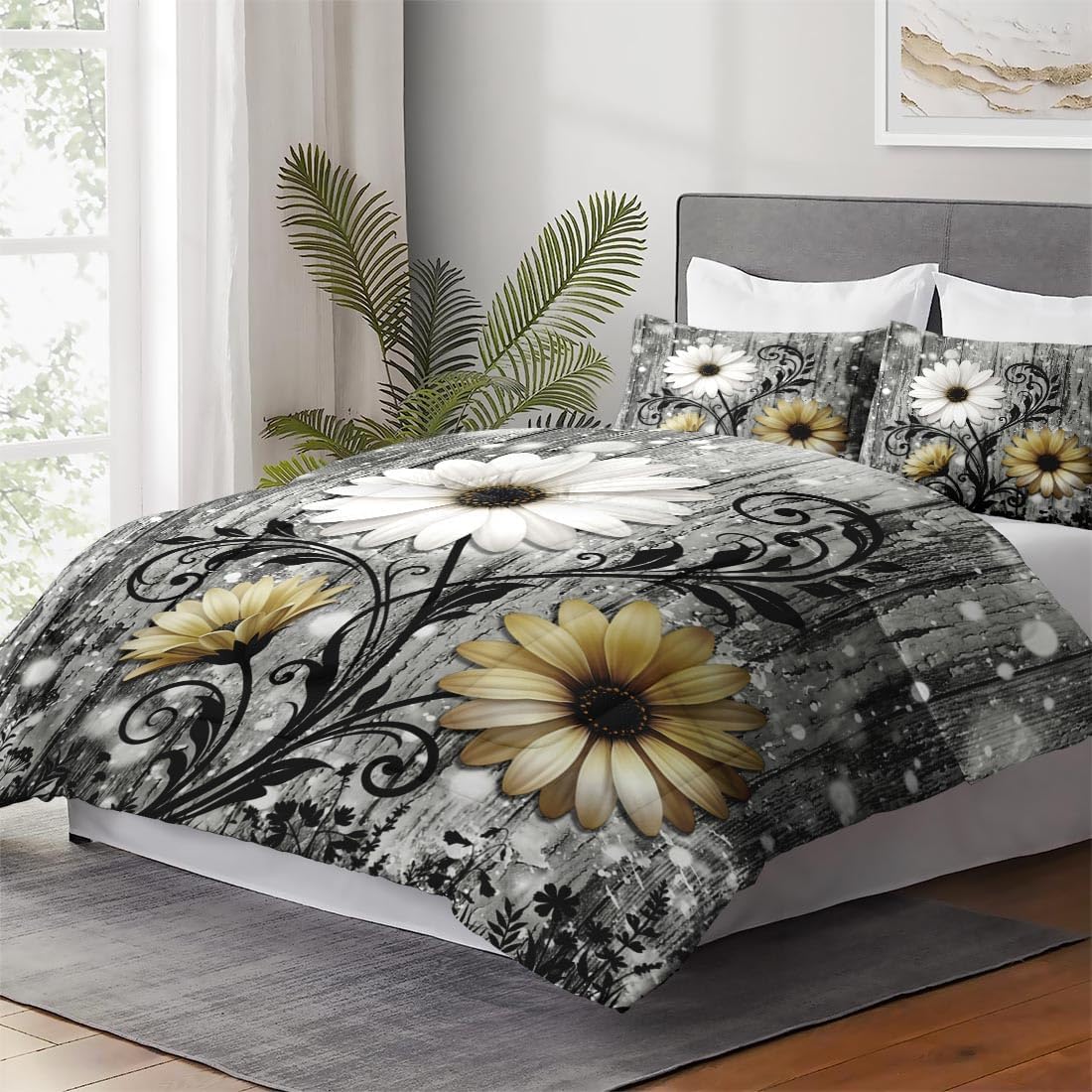 WeCozy 3 Pcs Queen Size Comforter Set with 2 Pillowcases, Daisy Butterfly Farmhouse Soft Bedding for Kids and Adults, Rustic Floral Retro Comforter Set for Room Bedroom Bed Decor