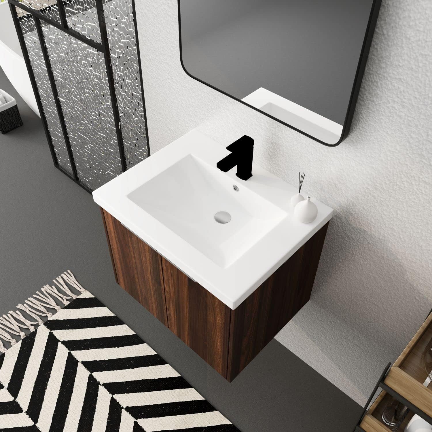 LKTART 24'' Modern Float Bathroom Vanity and Sink Combo Wall Mounted Vanity with Soft Close Door Resin Basin Cabinet Set Powder Room Walnut