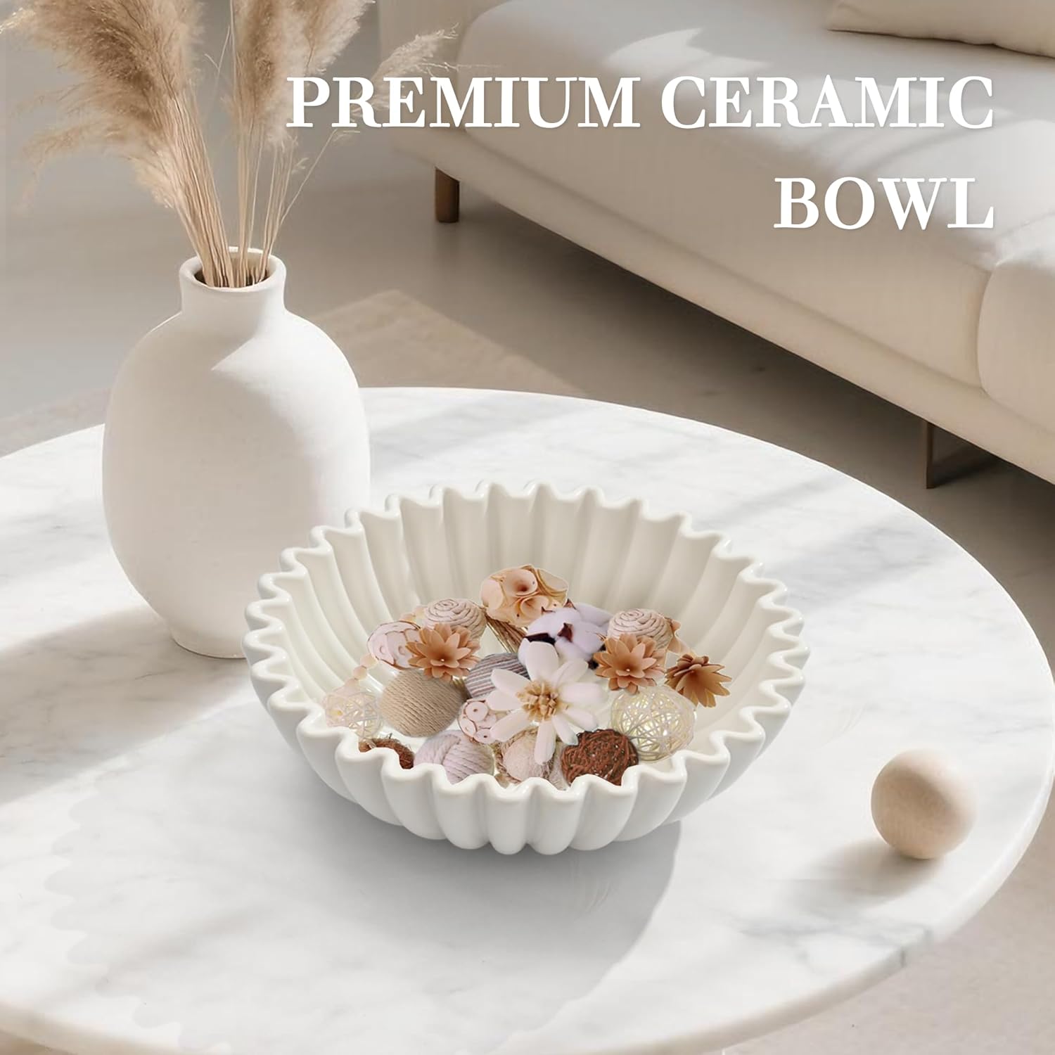 Large Decorative Bowl, White Ceramic Fruit Bowl for Kitchen Counter, Key Bowls for Entryway Table, Modern Coffee Table Home Decor, Scalloped Handmade Artwork