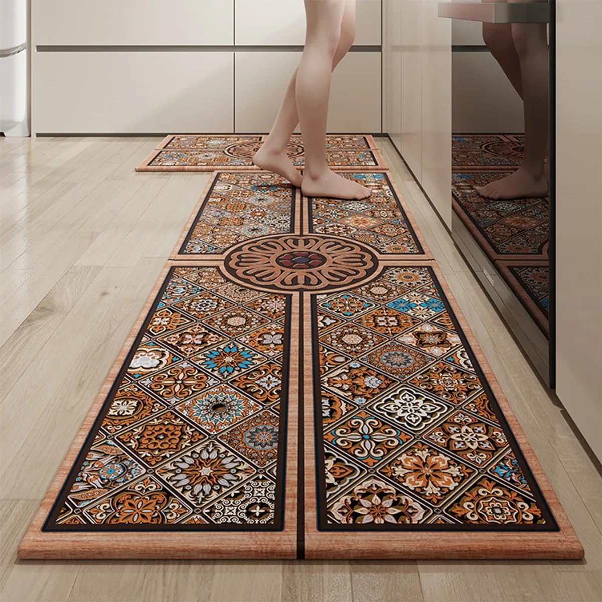 Boho Kitchen Mats for Floor 2 Pcs Kitchen Rugs Non-Skid Waterproof Anti Fatigue Mats for Kitchen Floor PVC Kitchen Floor Mat for Sink,Laundry,Office
