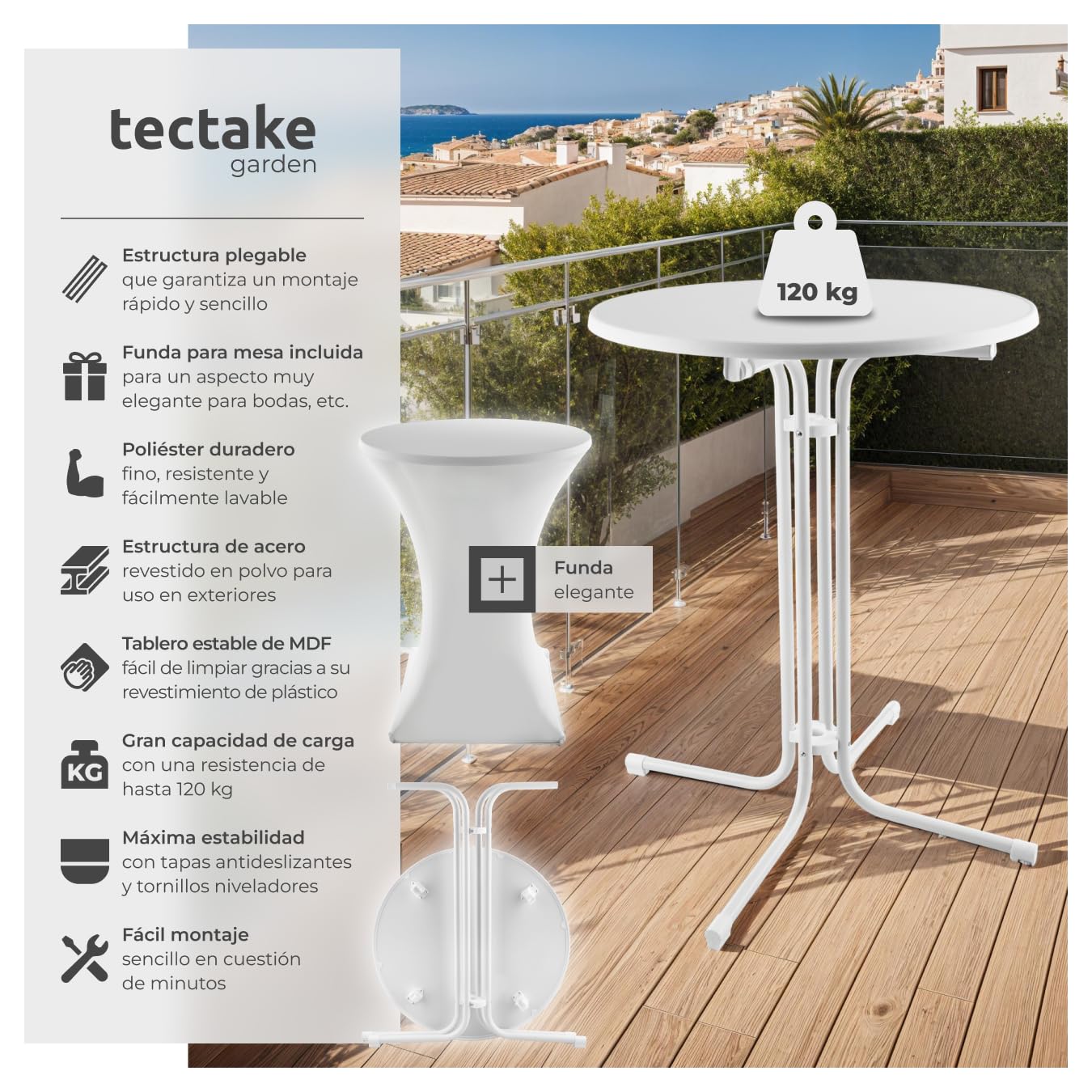 tectake® Mesa Alta con Estructura Plegable para Cocina, Comedor y Bar, Incluye Funda Lavable de Poliéster, Tablero de MDF Robusto, Estructura de Acero, Pies Antideslizantes, Fácil de Limpiar - Blanco