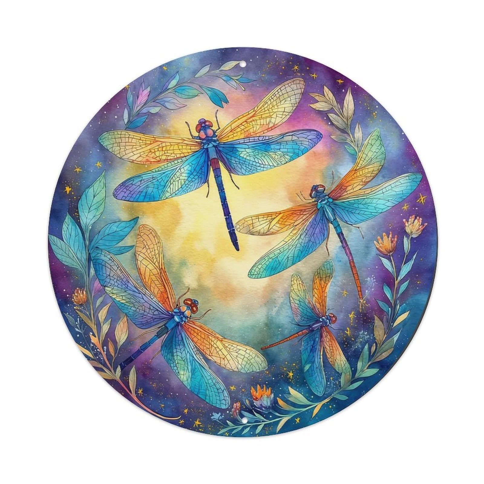 Dragonfly Galaxy Floral Art Design Round Tin Sign Retro Metal Sign for Cafe Bar Pub Home Game Room Gym Club Wall Decoration Vintage Metal Poster 8x8 Inch