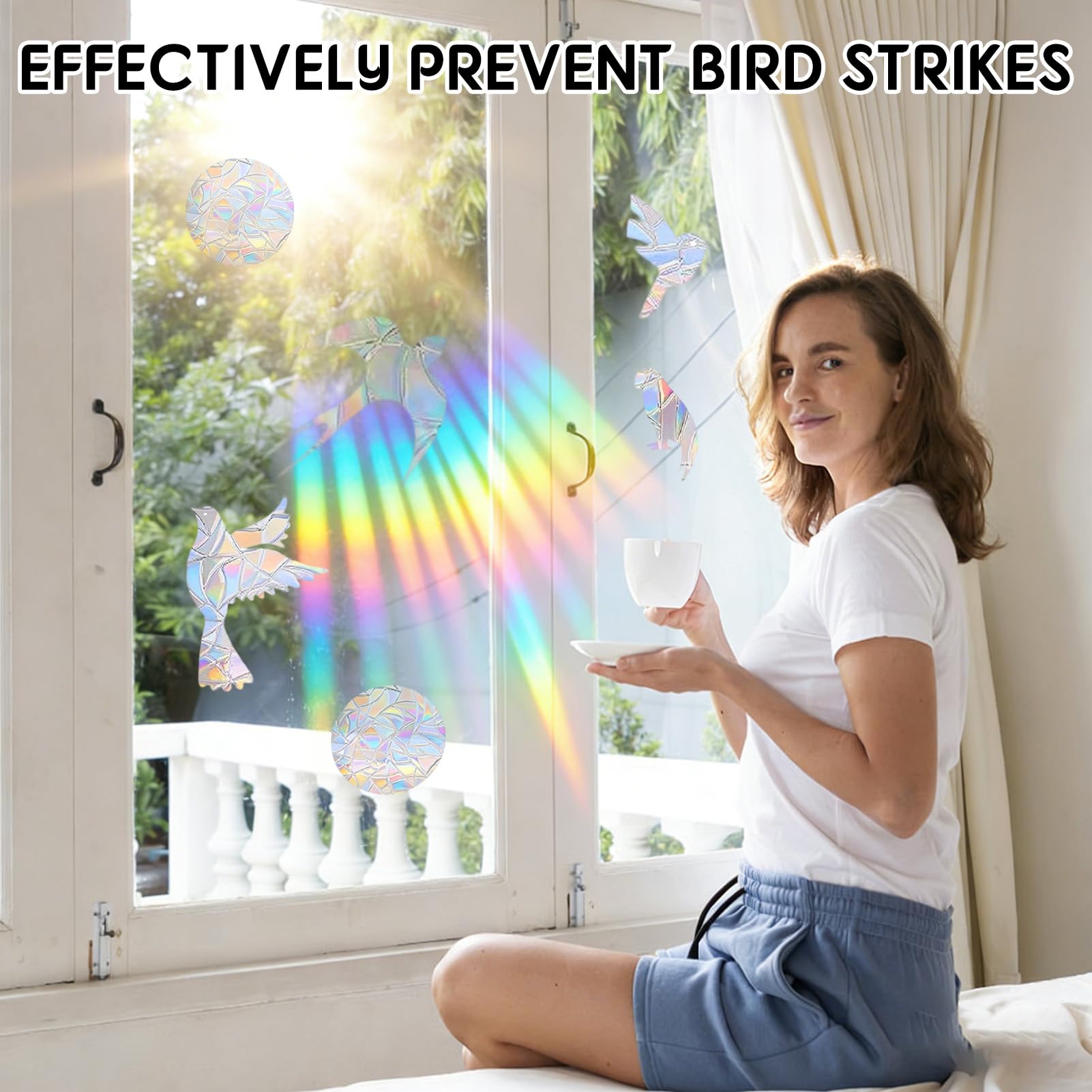 Lot de 48 autocollants de fenêtre Prisme, anti-collision avec style cercle de colibri, Suncatcher Arc-en-Ciel, style cercle de colibri translucides pour les coups d'oiseaux