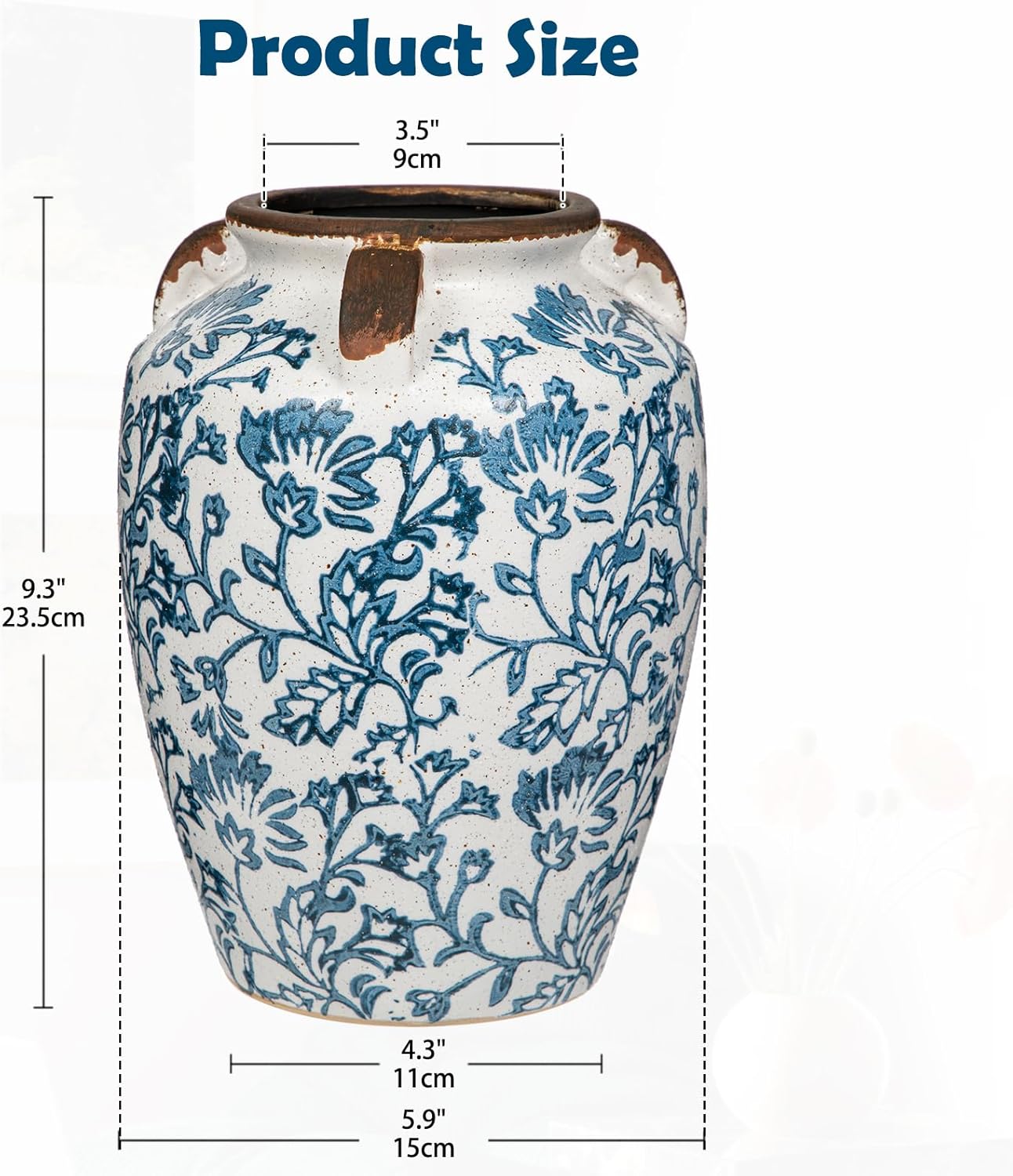 Ceramic Vintage Vase, 9.3" Rustic Blue and White Chinoiserie Floral Vase for Home Decors, Handcrafted Farmhouse Large Flower Vases for Living Room, Table, Bathroom,Centerpiece - Image 7