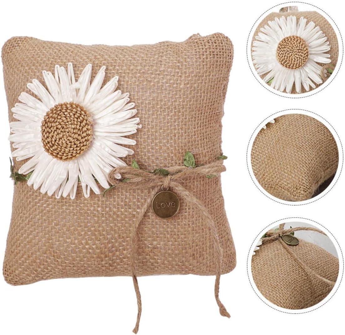 Rustic Wedding Ring Pillow with Daisy Flower Design, Burlap Linen Square Ring Bearer Cushion for Ceremony and Party Decoration