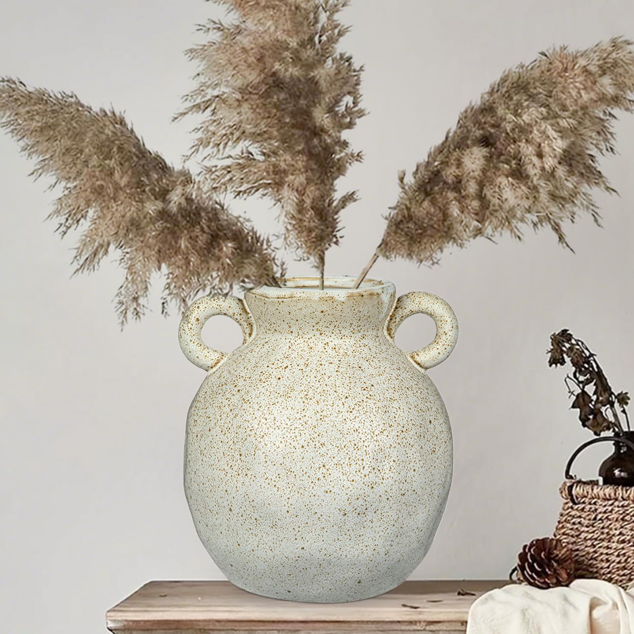 White Ceramic Flower Vase with 2 Handles, Large Vases for Farmhouse Vintage Home Decors, Living Room, Bookshelf, Office, Grand Millennial Decor 8.2 Inch