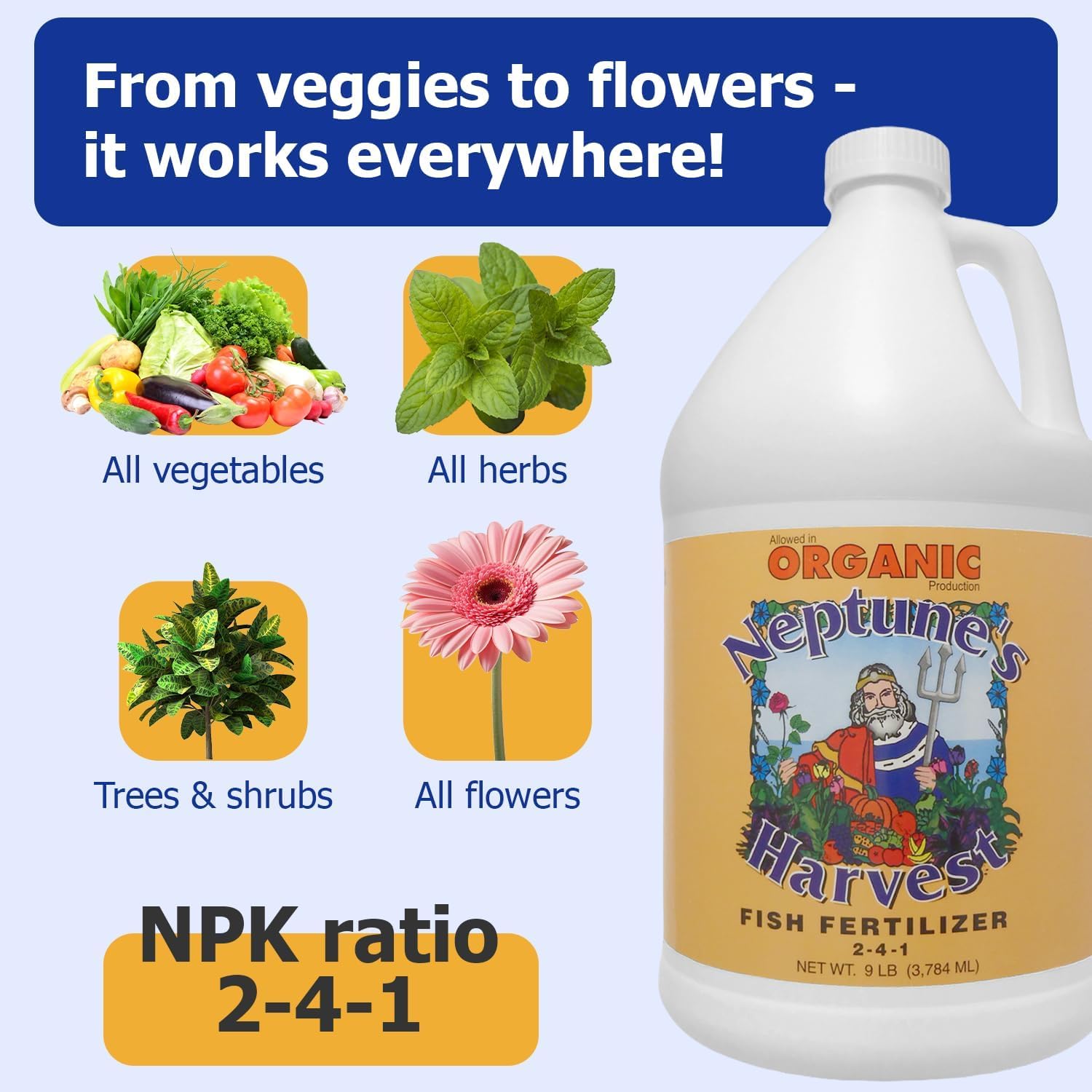 Neptune's Harvest Fish Fertilizer (2-4-1) - Organic Liquid Plant Fertilizer - Fish Hydrolysate for Vegetables, Flowers, Fruit, Trees, Grass - Indoor and Outdoor Plant Food (Gallon)