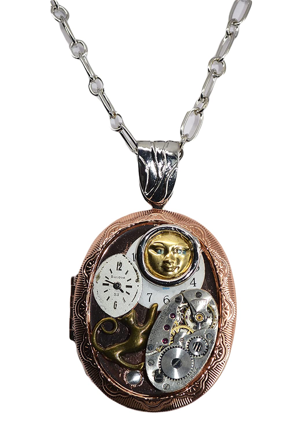 Large locket pendant necklace jewelry watch parts steampunk recycled with cat and moon, chain pictures notes poems treasure