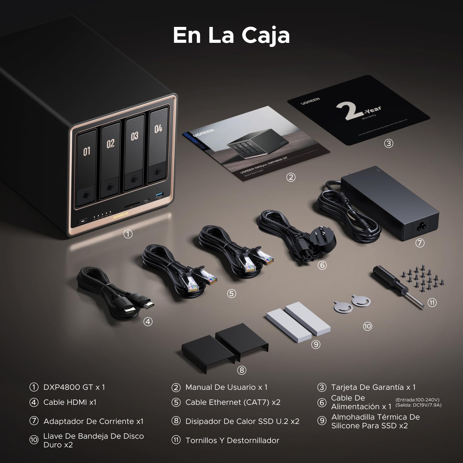 UGREEN NASync DXP4800 GT NAS 4 bahías, Dual LAN 10GbE, CPU AMD Ryzen Embedded R2514, 8GB RAM, Support ECC, Ranura SD, Doble M.2 NVMe, HDMI 4K, Centro vigilancia (Sin Discos)