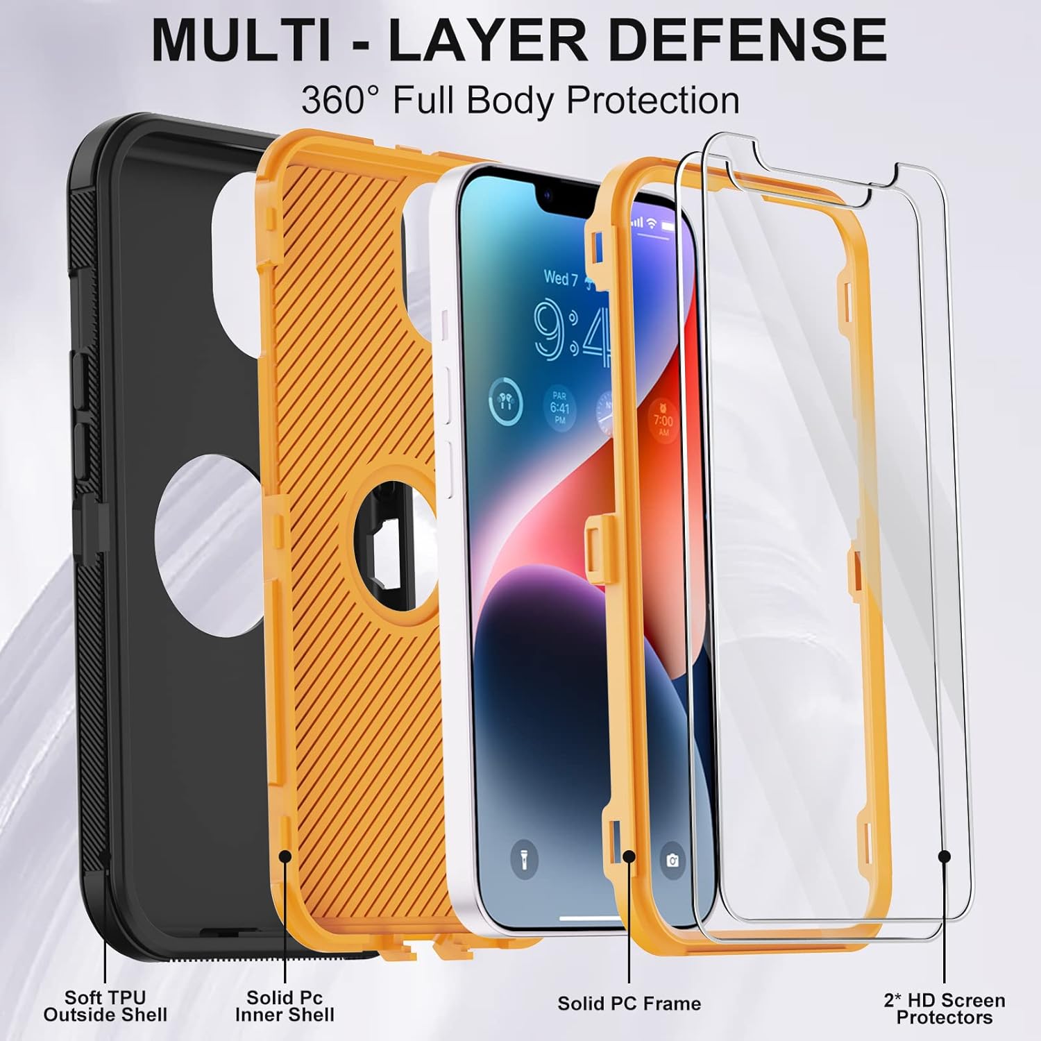 Annymall for iPhone 14 Case with 2 Screen Protector,Full Body Shockproof Drop Protection Dust Proof Heavy Duty 3-Layer Rugged Durable Military Grade Cover for Apple iPhone 14 6.1" (Black/Oranger) - Image 2