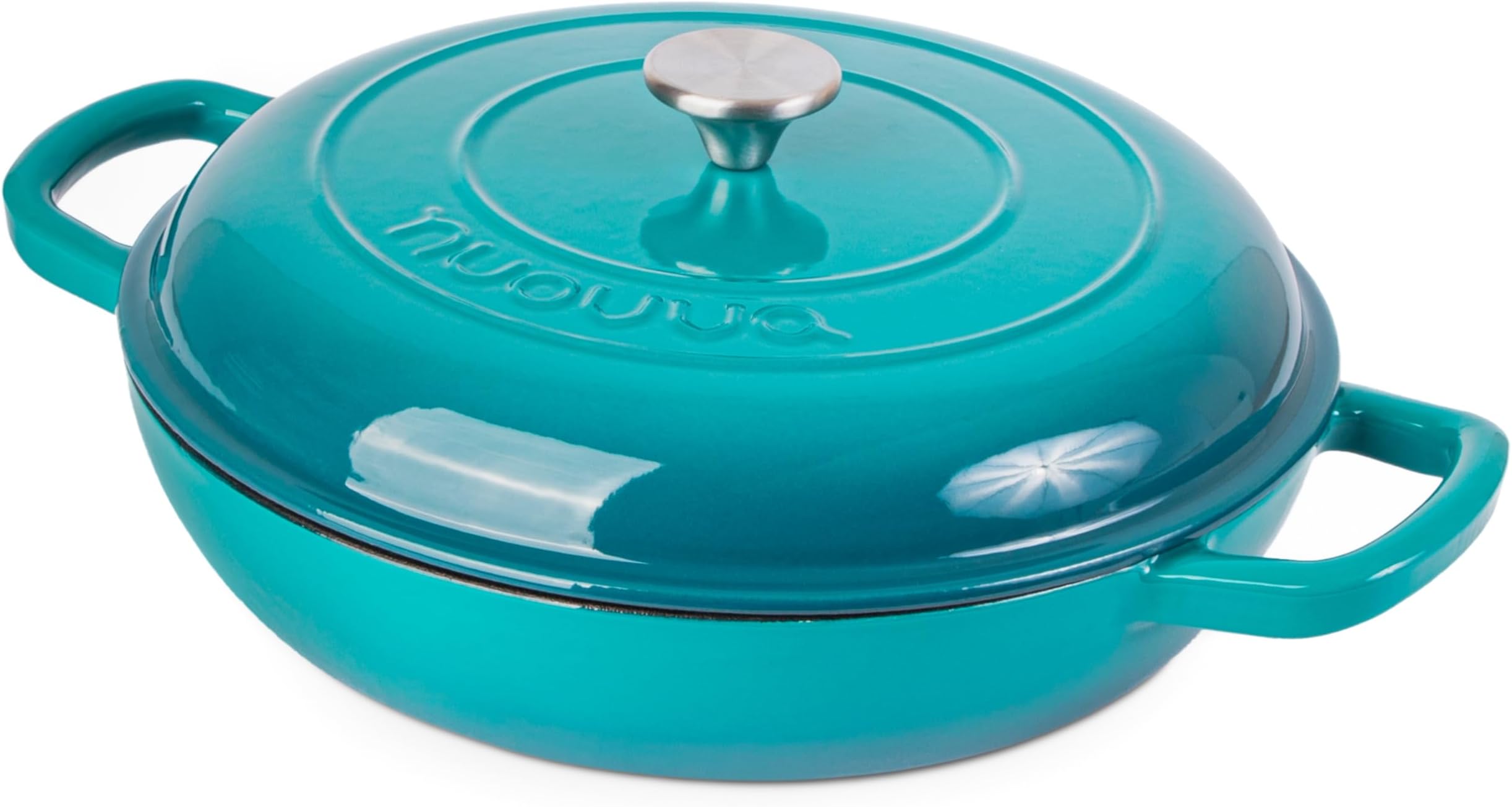 nuovva Shallow Cast Iron Casserole with Lid – Non Stick Dutch Oven Pot, Oven Safe up to 500° F – Sturdy Ovenproof Stockpot Cookware – Enamelled Cooking Pot – Teal, 3.7-Quart, 30cm – by Nuovva