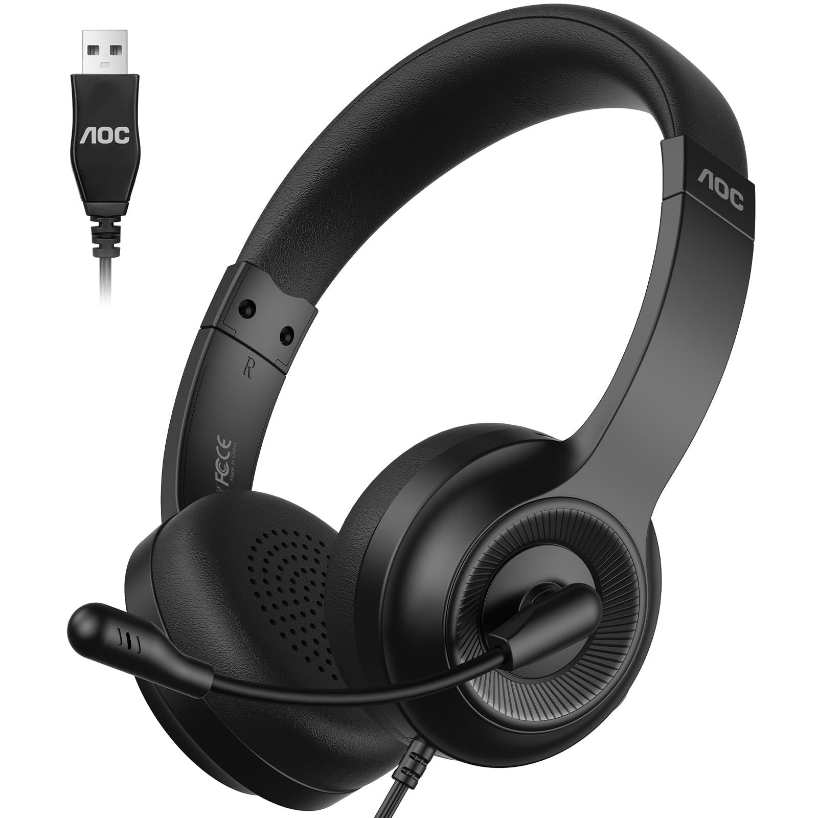 AOC Computer Headset with Microphone for PC, USB Headset with Noise Cancelling Mic Black