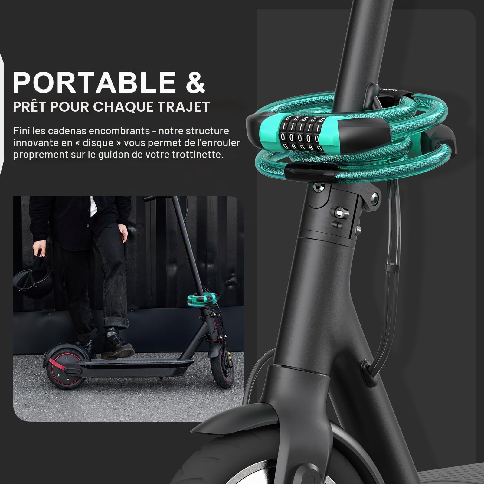 Antivol Trotinette Electrique, 105CM/12MM Antivol Vélo à Double Câble, 5-Chiffres Cadenas Code Velo Antivol, Cadenas Velo Electrique pour Trotinette, Vélos, Moto (Vert Bleuâtre)