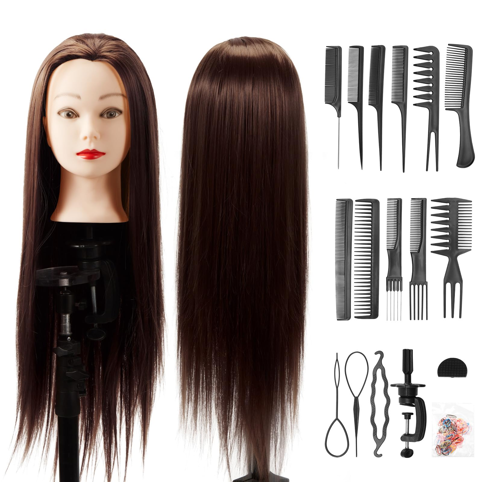 Trintion Frisierkopf Trainingsköpfe Übungskopf Friseur 28" Synthetik Haar Trainingskopf Frisurenkopf Puppenkopf Frisierkopf Halter mit DIY Haar Zubehör Styling Set (28" Dunkelbraun+Kammset)