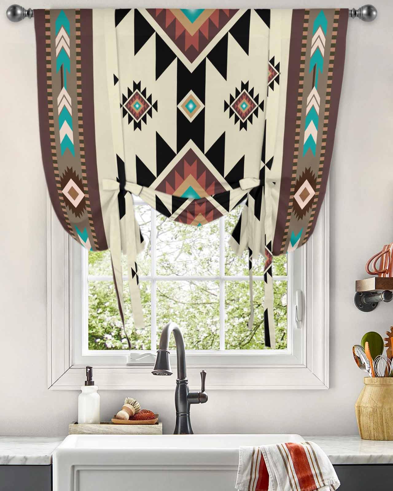 Southwest Geometric Tie Up Curtains for Windows 45 Inch Length Balloon Curtains Kitchen Adjustable Balloon Window Shade Brown Mexican Aztec Boho Tribal Tie Up Valance Bathroom Curtain Window 52
