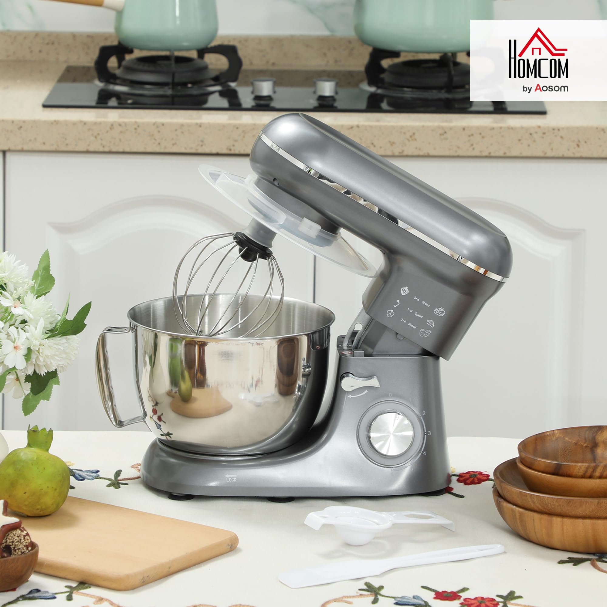 HOMCOM Robot Pâtissier 1300 W, Robot Pétrin Professionnel 4,5 L, Bol d'Acier Inoxydable, 6+P Vitesses et Pulse, Tête Inclinable, Crochet à Pâte, Fouet, Batteur, Spatule, Pare-Éclaboussures, Argent