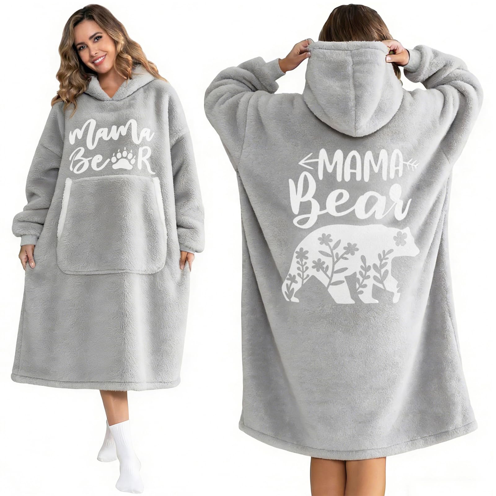 Extra Long Oversized Mama Bear Wearable Hoodie Blanket, Ultra Soft Sherpa Fleece Oodies Warm & Cozy, Large Front Pocket, Birthday Gift for Mum, Gift for Wife from Husband