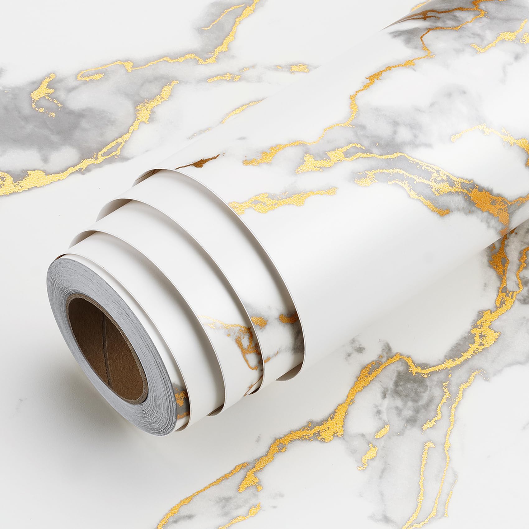 LACHEERY White Marble Peel and Stick Wallpaper White and Gold Wallpaper for Kitchen Worktop Wall Paper Counter Cover Peel and Stick Countertop Contact Paper Waterproof Matte Marble Roll 90cm x 800cm โ image 1