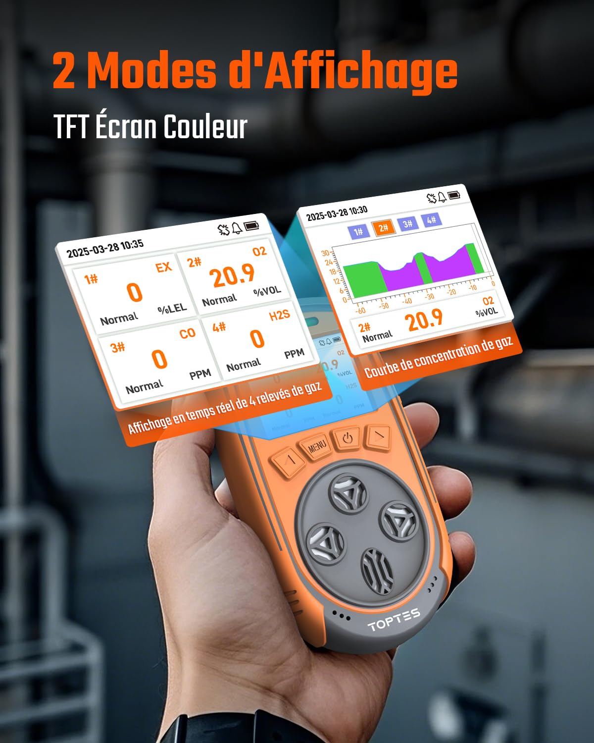 TopTes Détecteur De Gaz, Moniteur 4 Gaz pour H2S, CO, LEL Et O2, avec Écran Couleur TFT, Capteur O₂Amélioré (5 Ans), Exportation de Données USB,18h Autonomie, Fiable pour Travail & Maison