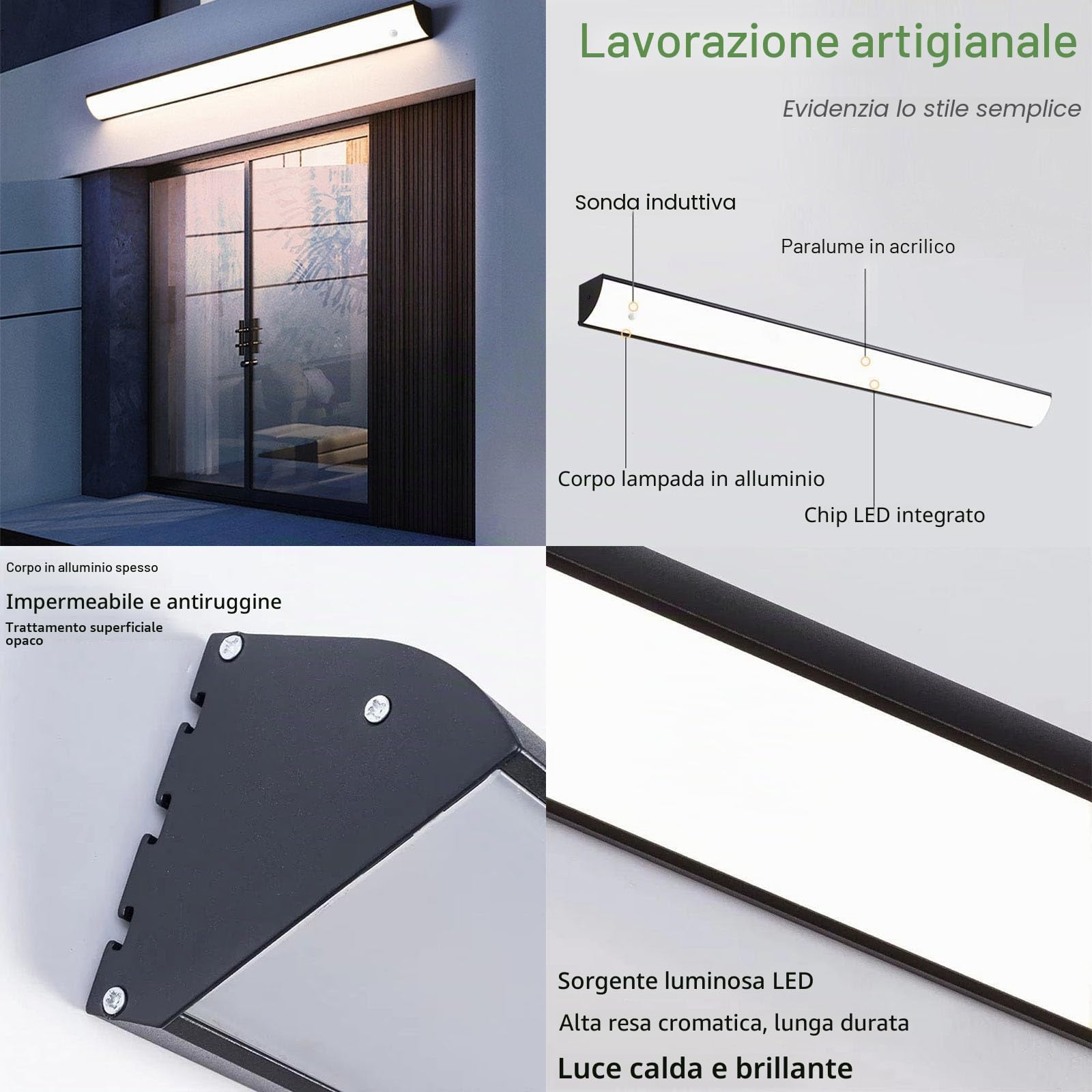 LED Applique da Parete Esterno/Interno Lampada da Parete Esterna con Sensore Movimento IP65 Impermeabile Nero Lunga Plafoniera da Esterno Luce da Parete Per Villa Terrazzo (Luce Neutra,40cm)