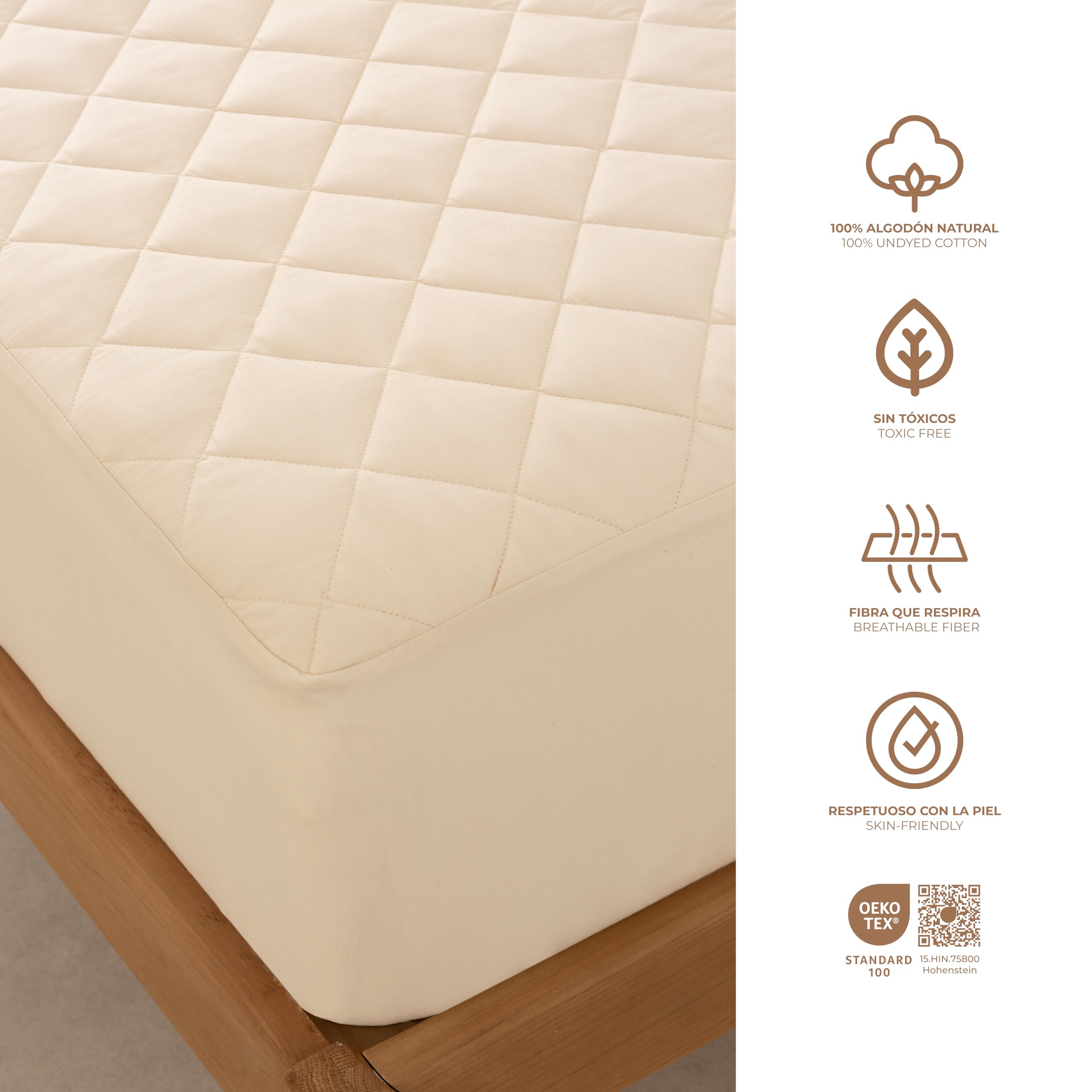 Hönia Protector Colchón, para Cama 150, 100% Algodón Natural, Sateen 300TC | Relleno 200GSM Algodón Puro | Tejido Sin Teñir y Sin Tóxicos | Certificado OEKO-TEX