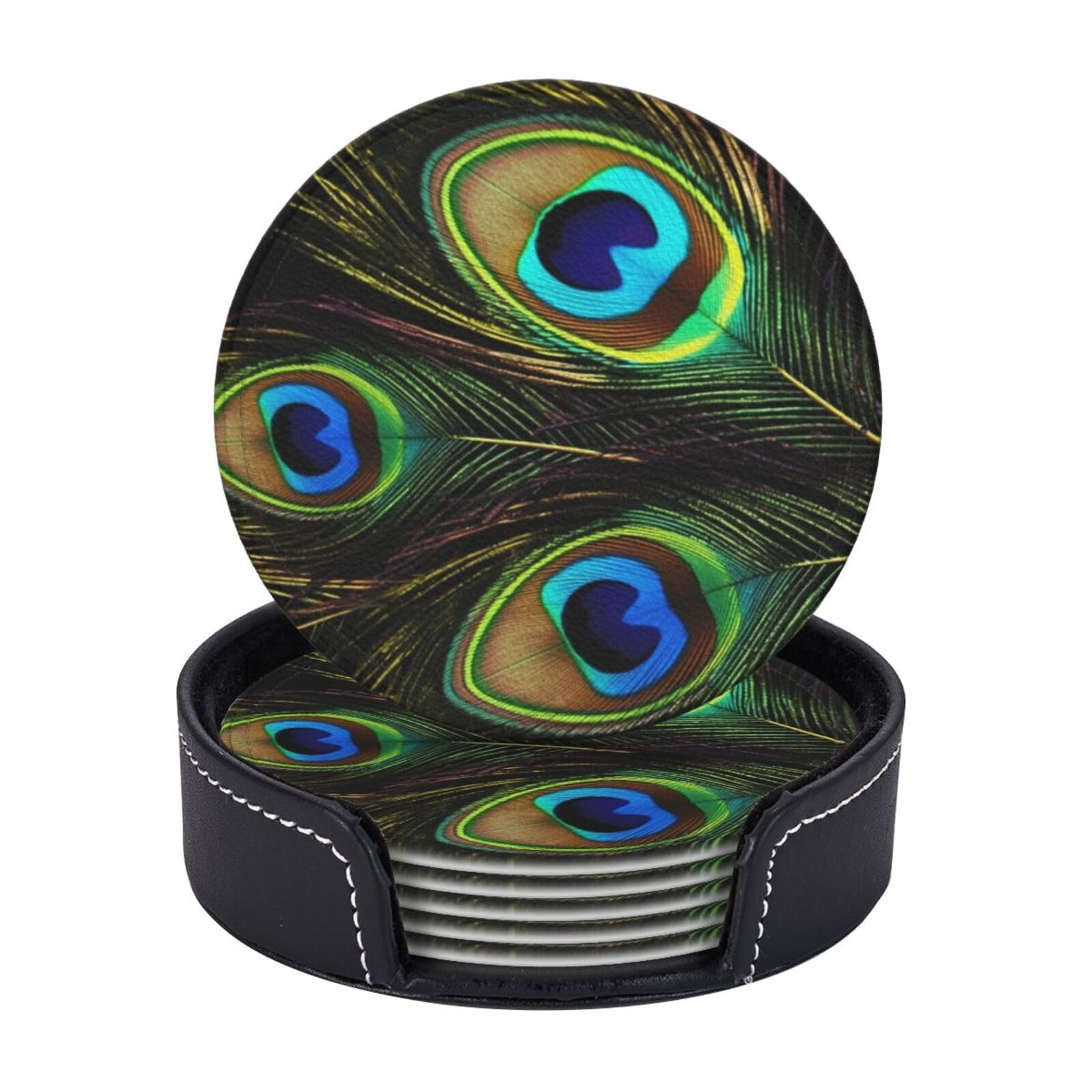 Round Coasters for Drinks Set of 6 - PU Leather Coasters with Holder - Modern Drink Coasters for Coffee Table - Peacock Feathers Coaster for Tabletop Protection 4" Cup Mat Pad