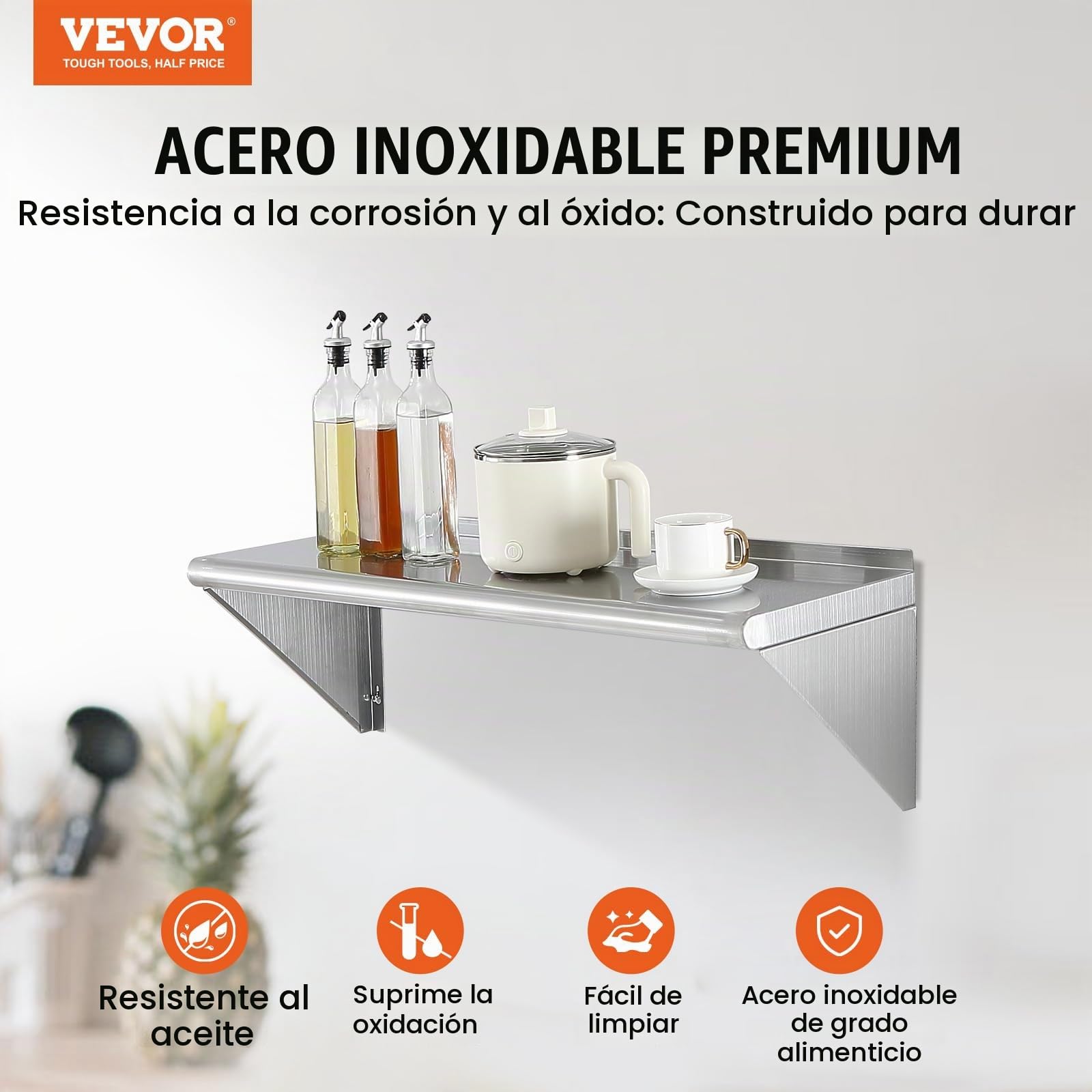 VEVOR Estante de Pared de Acero Inoxidable 915x305x63 mm Estante Flotante con Soporte Triangular Carga Máxima de 113 kg Estantería de Pared para Libros Portarretratos Plantas Oficina Baño Cocina