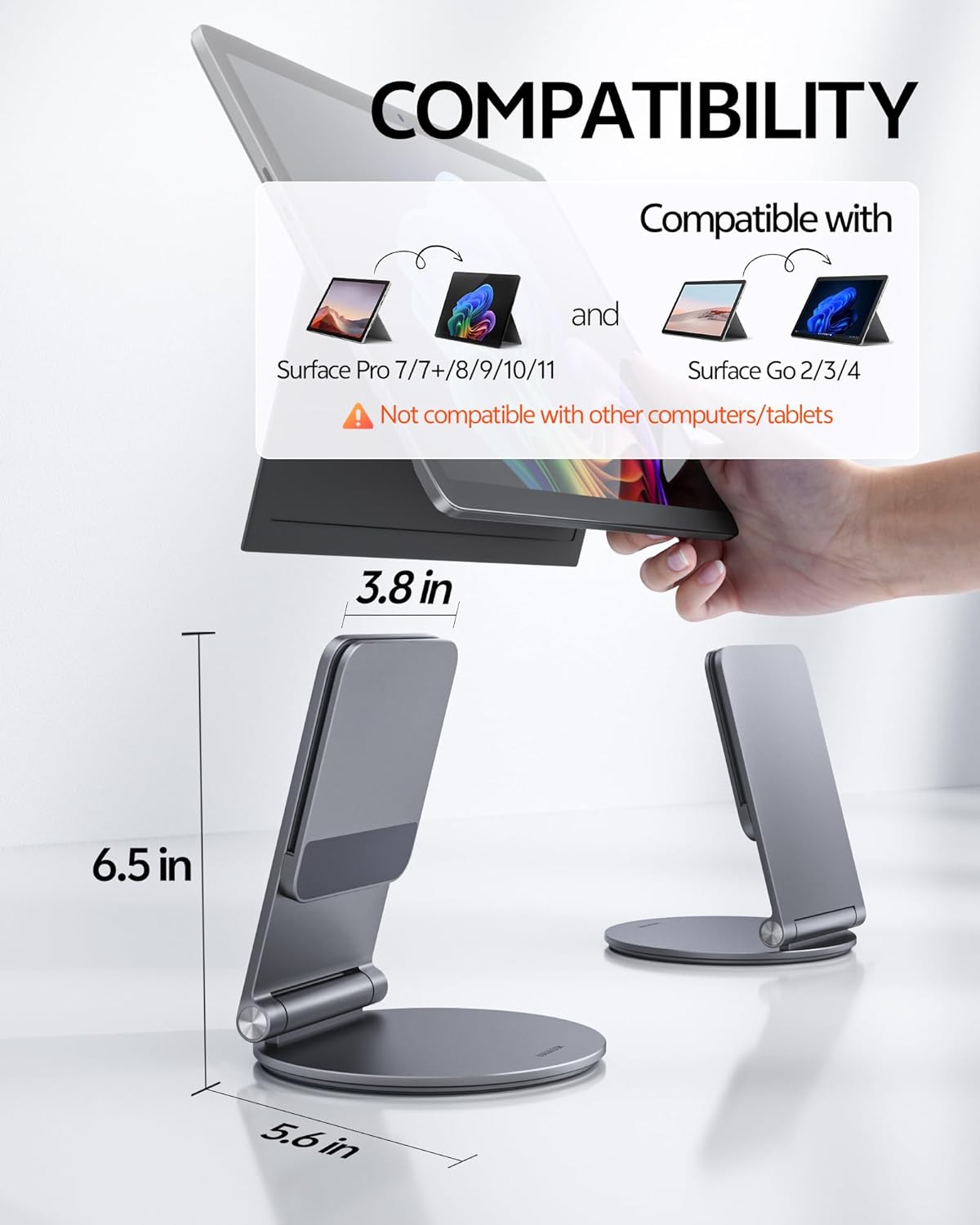 LULULOOK Stand for Surface Pro/Go - Aluminum Alloy 360° Swivel Base, Foldable Tablet Holder/Riser for Microsoft Surface Pro 7/8/9/10/11 & Go 2/3/4 | Portable Office Desk Accessories, Gray