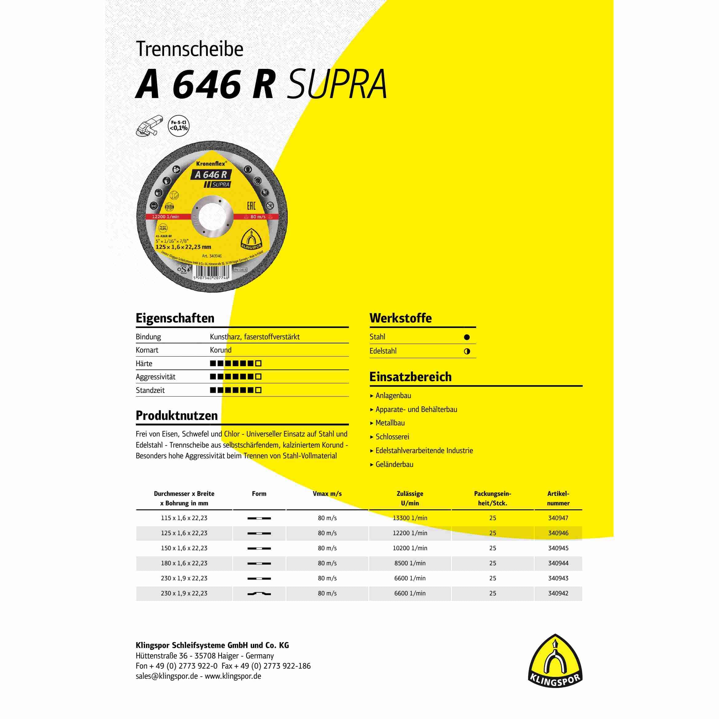 A 646 R - Disco de corte (25 unidades, 230 x 1,9 x 22,23 mm, acodado)