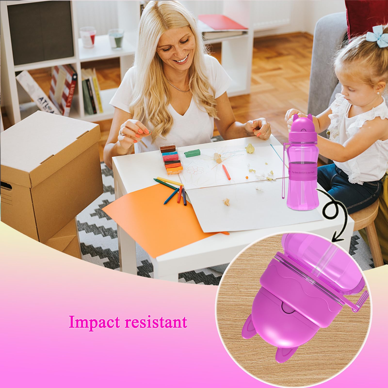 Bottiglia per l'acqua Bambini con cannuccia senza BPA Tritan a Prova di perdite Borracce Bambini con Tracolla per Asilo, Scuola, Casa, Escursionismo e Attività all'aperto (Viola)