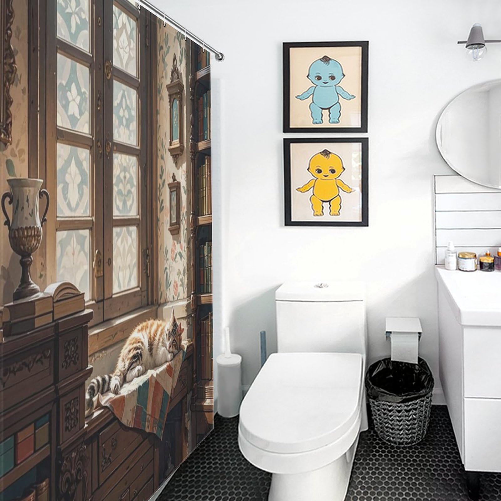 Rideau de salle de bain motif chat qui dort, décor poétique et doux