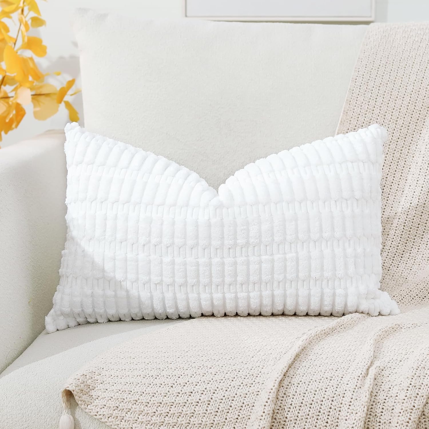 OTOSTAR Corduroy Decorative Throw Pillow Covers 12x20 Inch Super Soft Boho Striped Rectangle Pillow Covers Case Modern Cushion Covers for Sofa Couch Bedroom Car Decor Pure White - Image 8