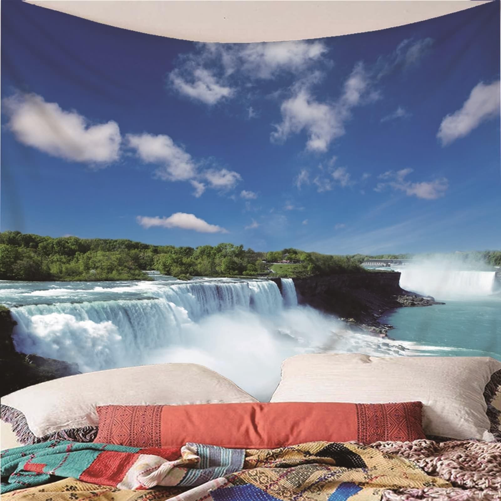 Skcess Wandteppich Wasserfall, Nature Tapestry Blau Toller Wasserfall Polyester Wandteppich 200X200CM