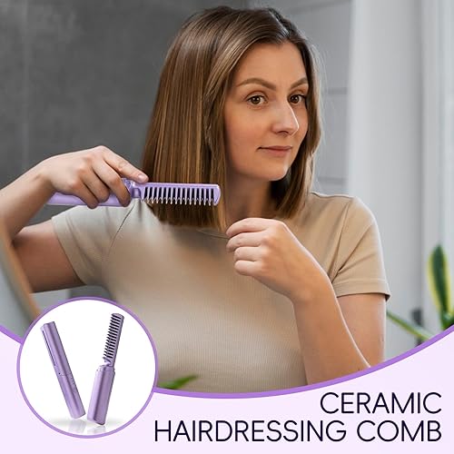 Miniatura 2 de Peine de peluquería de cerámica, mini alisador de cerámica, rizador portátil recargable, reduce el encrespamiento, peine alisador antiquemaduras