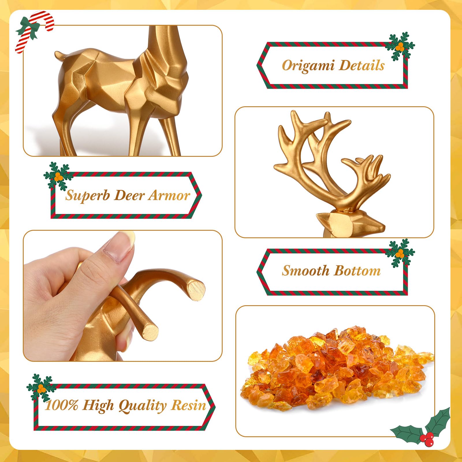 Thyle 4 Pcs Christmas Resin Sitting Standing Deer Statue Reindeer Figurines Deer Decorations for Home Indoor Rustic Christmas Home Decor Statue Small Reindeer Sculpture (Gold,Chic Style)