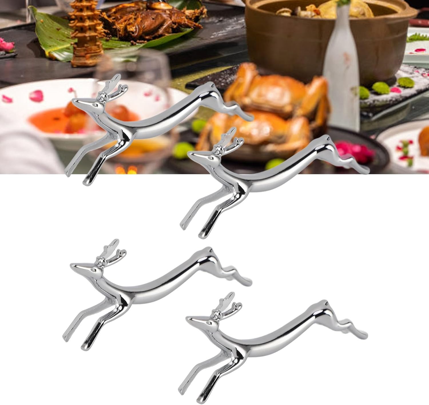 Three silver deer-shaped chopstick holders on a table with food in the background, demonstrating their use.
