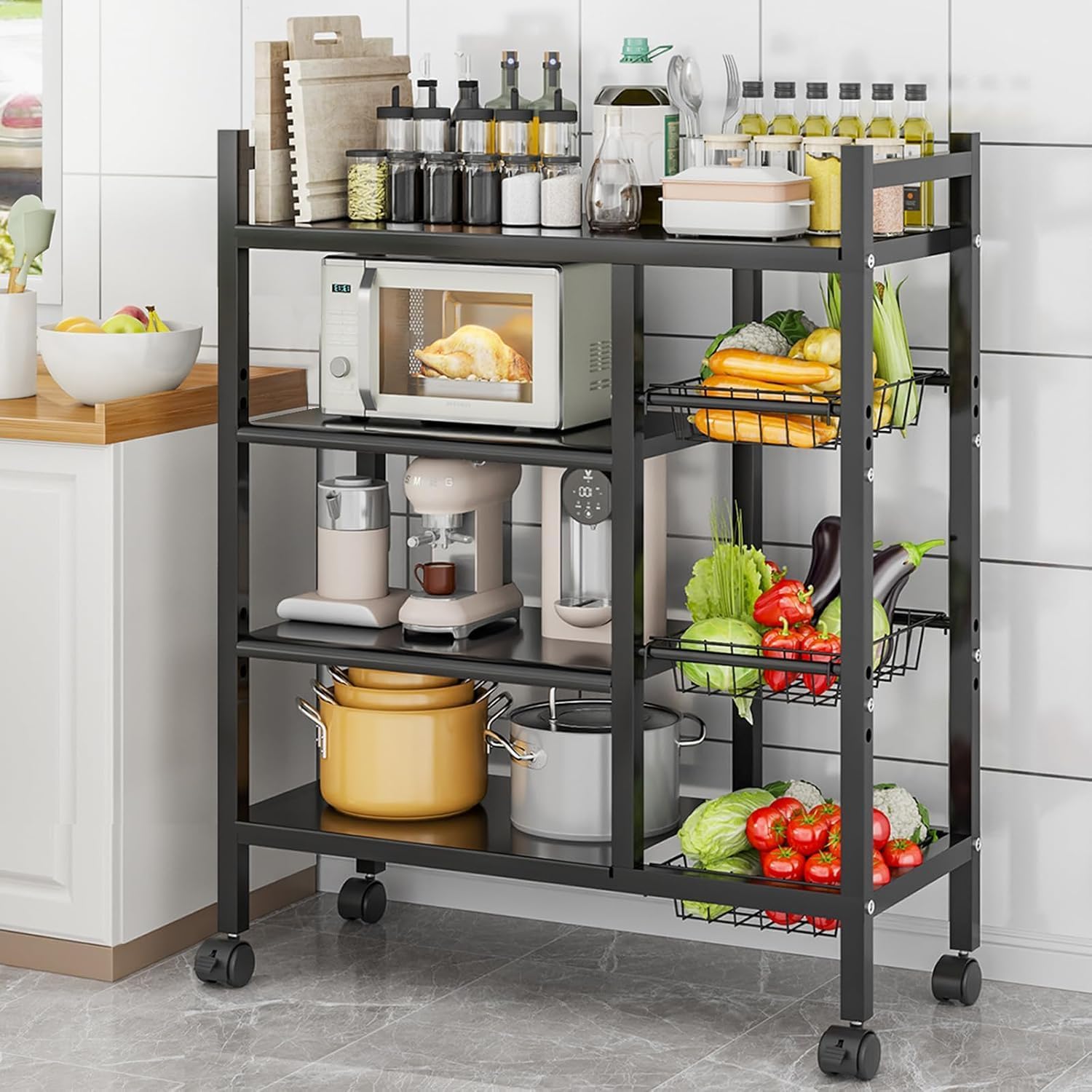 - 4-Tier Metal Kitchen Storage Rack with Lockable Wheels Trolley Storage Cart for Kitchen Organizer with Removable 4 Mesh Basket Floor(120 Cm)