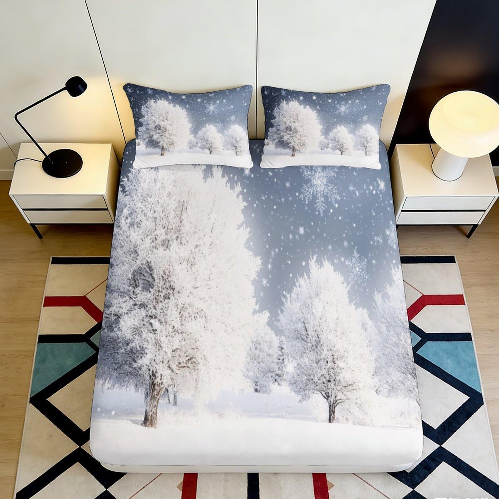 3D Printed Winter Snow Trees Fitted Sheet Microfiber Soft Breathable Snowflake Bed Cover for Bedroom Dormitory Guest Room Mattress Protection 120x200x25cm
