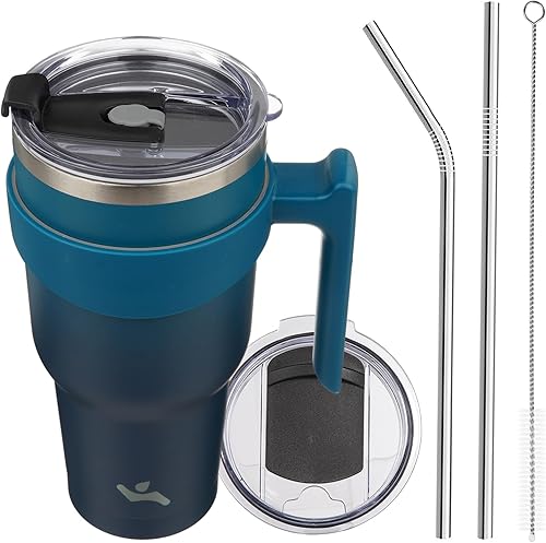 Miniatura 59 de Vaso de 30 onzas con asa y 2 pajitas, 2 tapas, botella de agua aislada de acero inoxidable con vacío, taza de viaje reutilizable, color lavanda