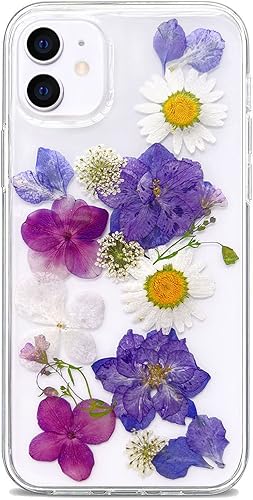 Abbery Diseñada para iPhone 11 - Funda de flores prensadas, bonita y brillante con diseño de silicona suave de poliuretano termoplástico secas,