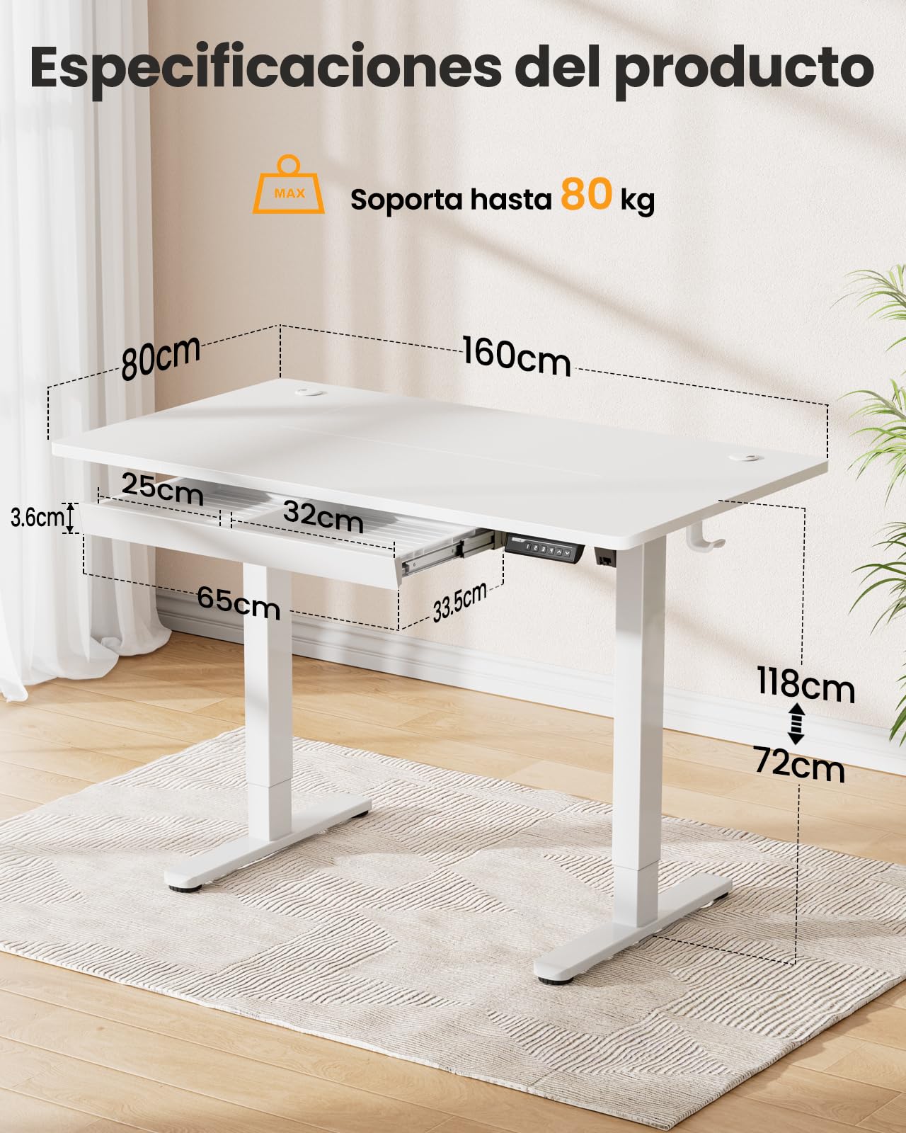 ErGear Escritorio Elevable Eléctrico, 160x80cm, Blanco+Cajones | Ajuste Eléctrico 72-118cm, 4 Memorias, 80kg, <55dB, Estable, Ganchos y Pasacables, Tablero Ensamblado.