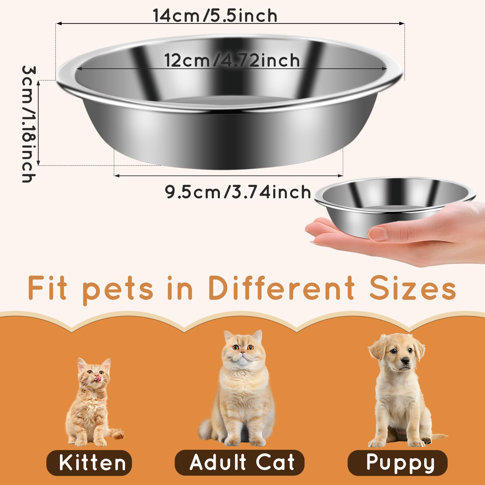 Cabaubl 12Pcs Cat Bowls,Stainless Steel Cat Food Bowls,Metal Cat Dishes Whisker Fatigue Relief,Shallow Cat Food Dish for Indoor Kitten,Replacement Basic Cat Plates for Elevated Stand(5.5 Inch)
