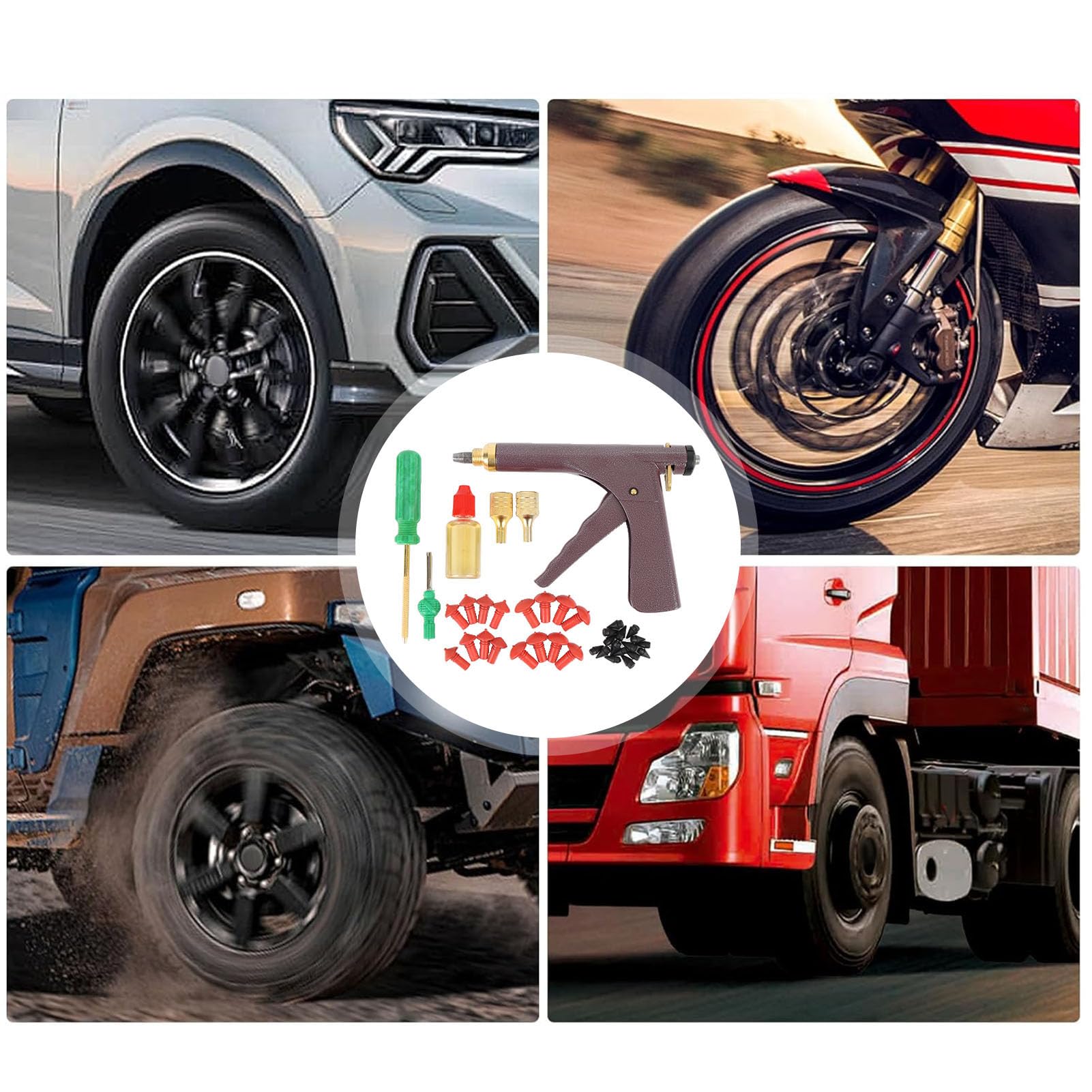Kit di Riparazione Pneumatici Moto - Strumento di Riparazione Forature Pneumatici Tubeless con 32 Tappi in Gomma per Auto, Moto da Cross, ATV, UTV, Tosaerba